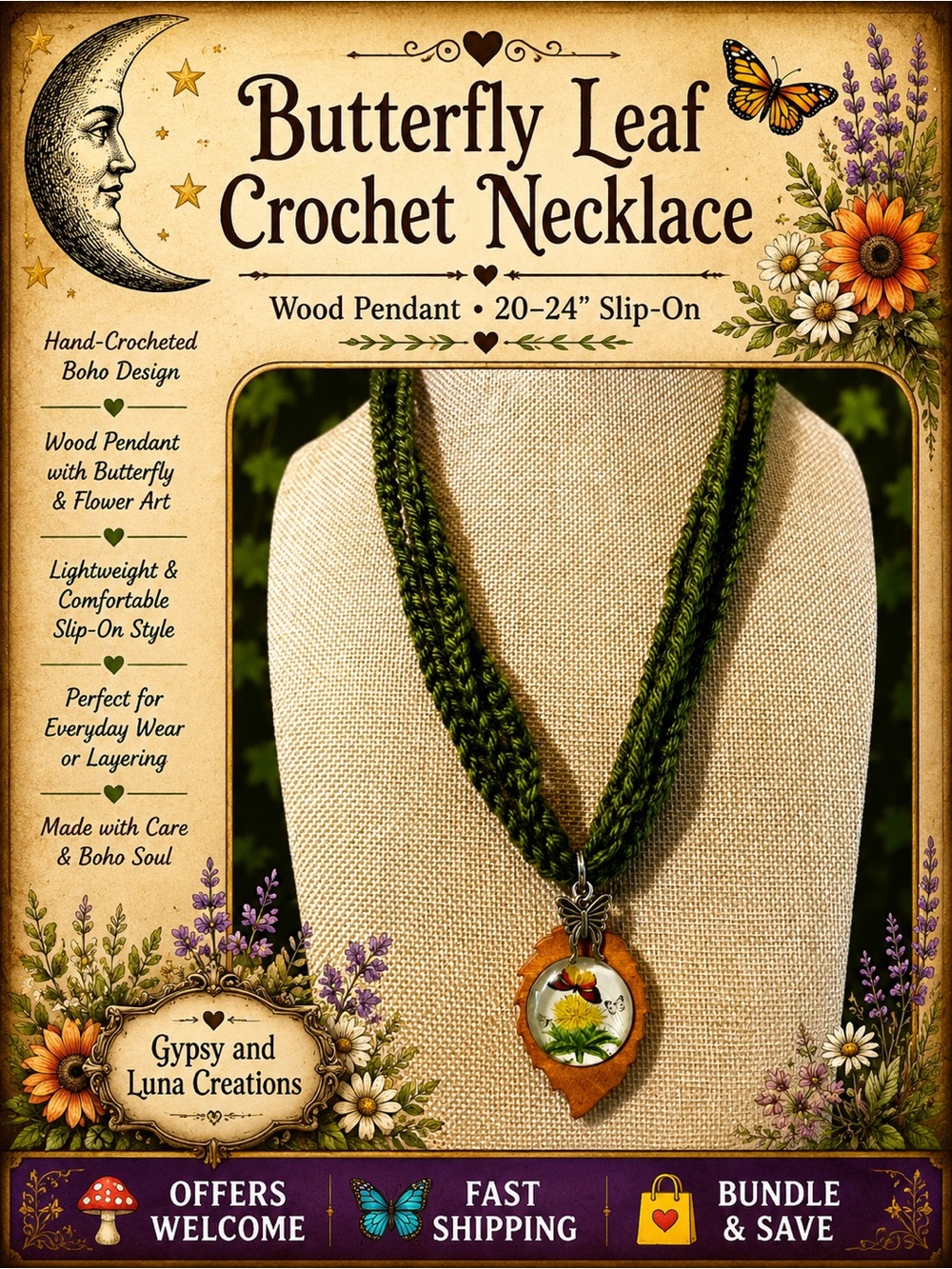 Handmade Crochet Butterfly Necklace Wooden Leaf Pendant Boho Cottagecore 20–24”